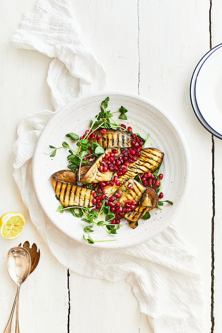 Grilled Aubergine, watercress and pomegranate salad