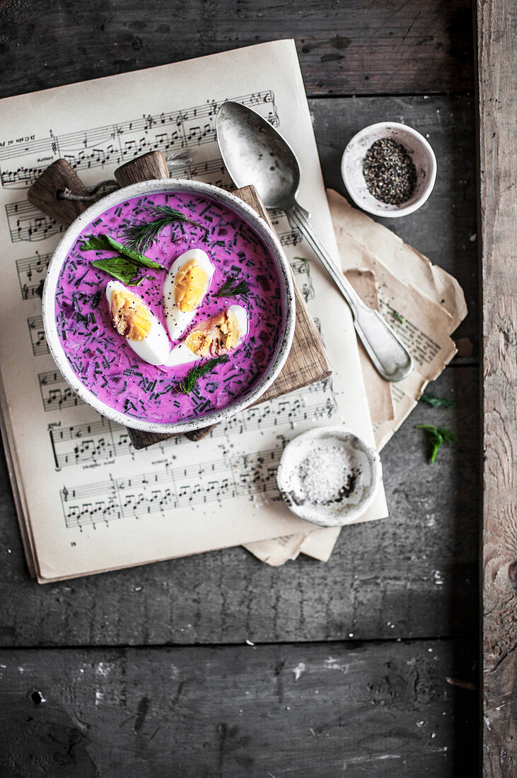 Beet cooler soup with egg and fresh dill