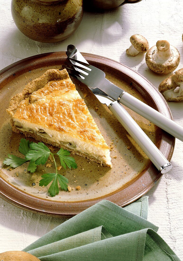 A piece of savoury mushroom &  cheese quiche on plate