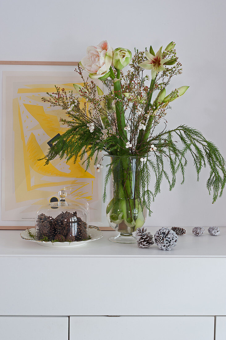 Winterlicher Blumenstrauß mit Amaryllis, Zapfen unter der Glasglocke