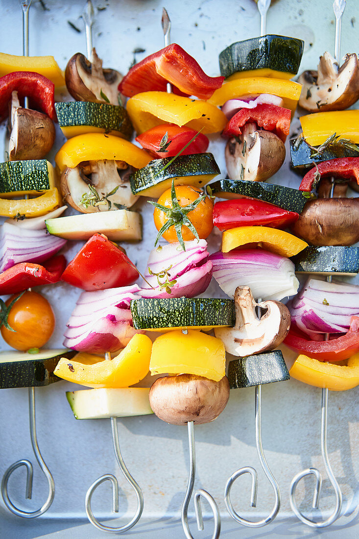 Raw vegetables kebabs for grilling