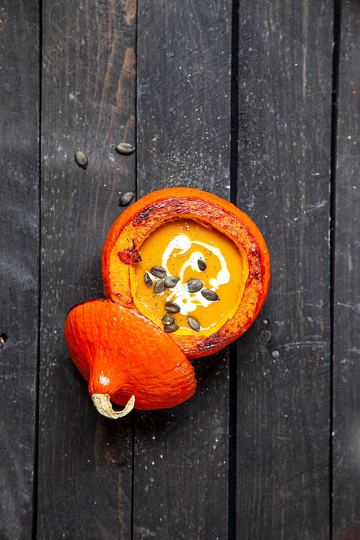 Pumpkin Soup served in a Pumpkin