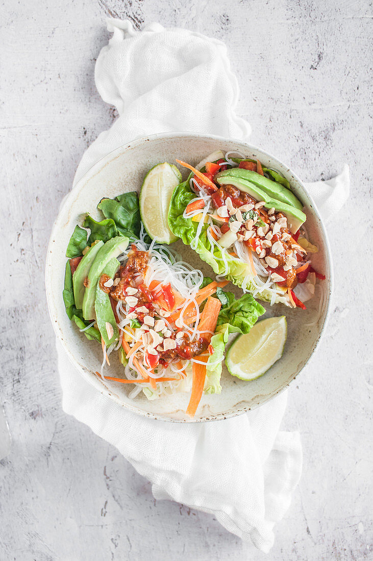 Vegane gefüllte Salat-Wraps mit Reisnudeln und Gemüse