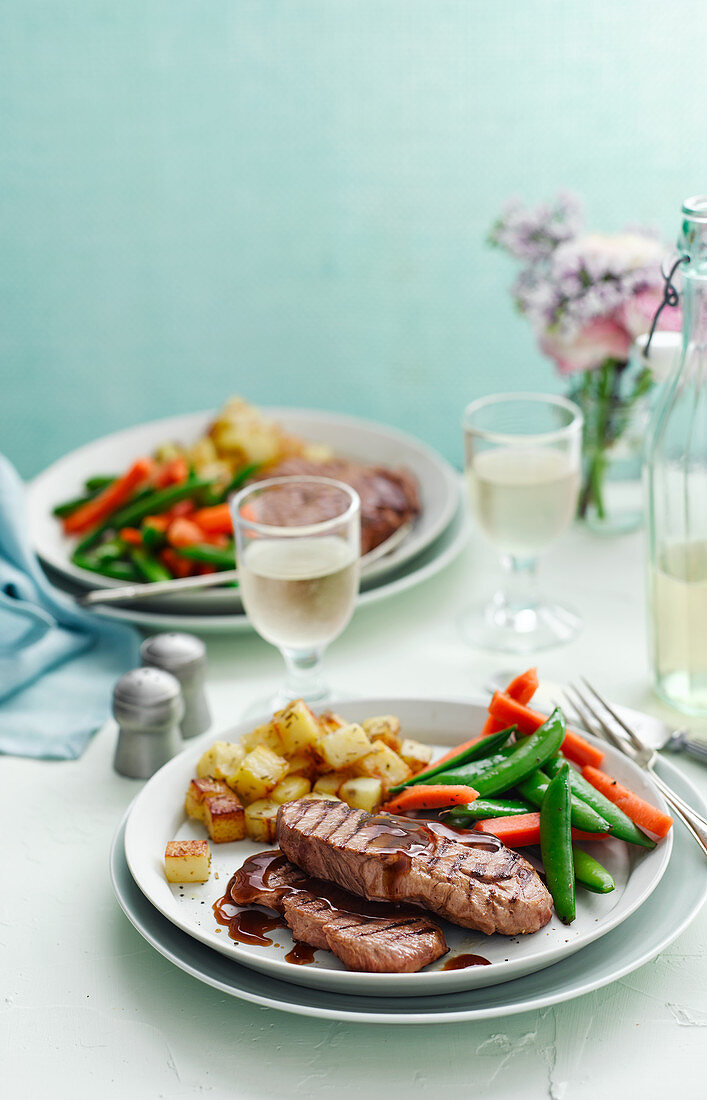 Beef loin with potatoes and spring vegetables