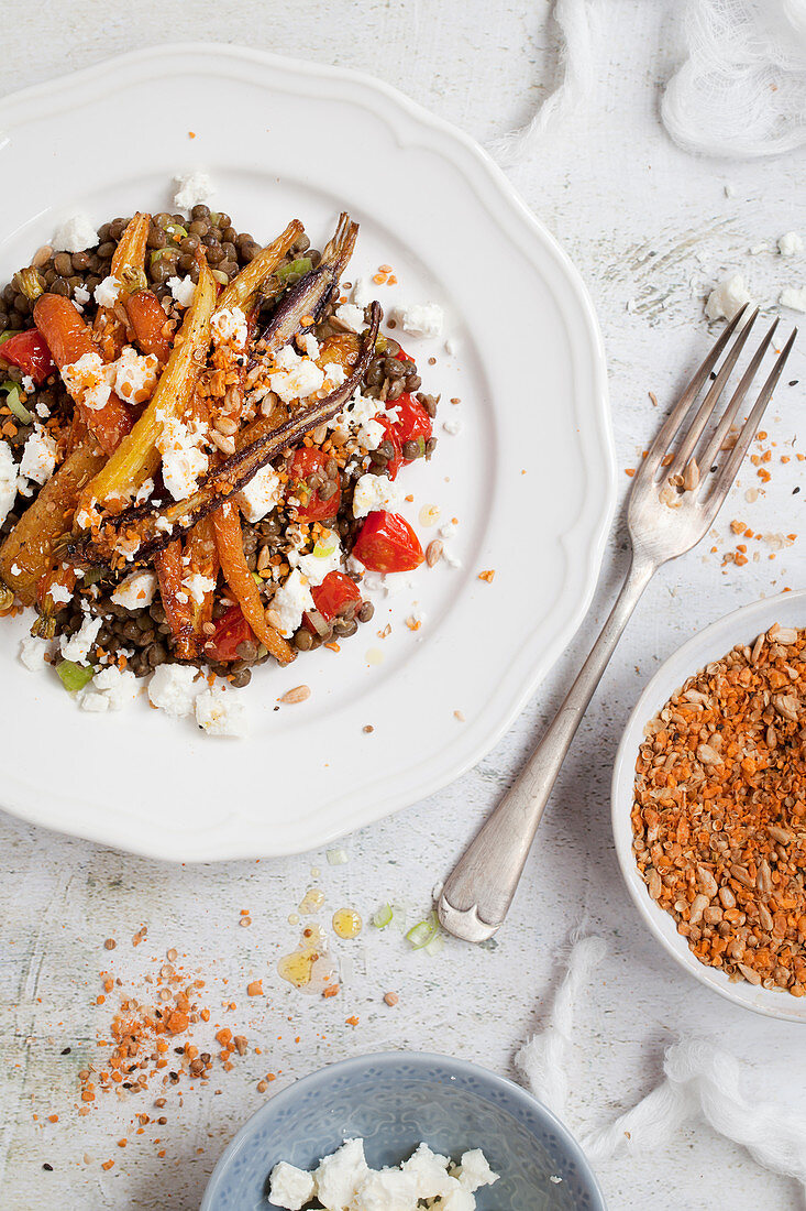 Lentil and carrot salad with Feta and Dukkah