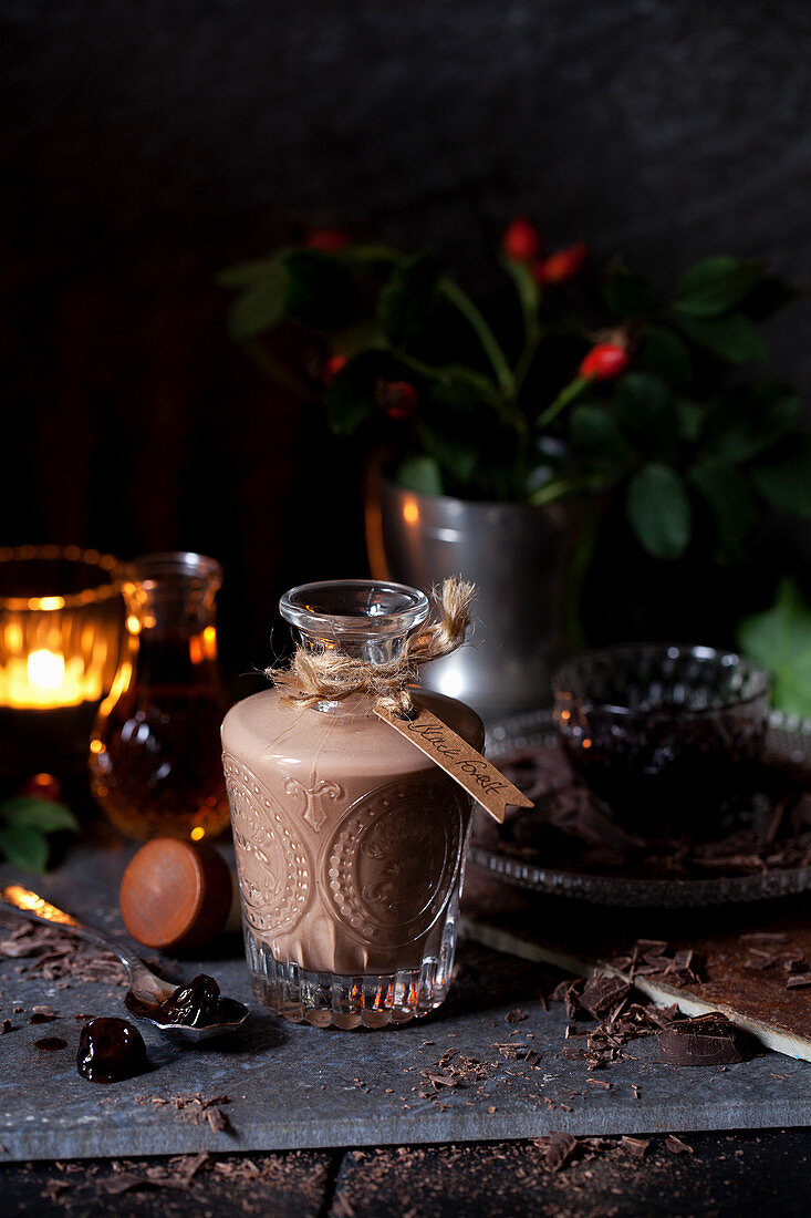 A vintage bottle of homemade chocolate liqueur