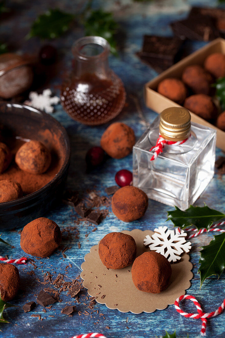 Gin truffles freshly rolled in coco powder with mini bottle of gin