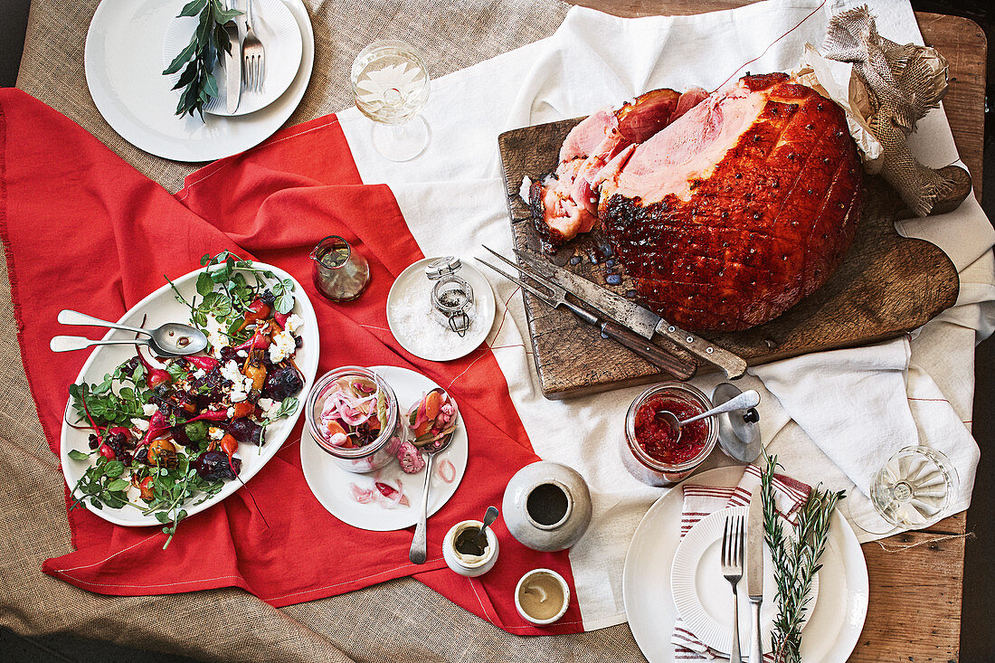 Baked Christmas ham with roasted beetroot salad and pickles