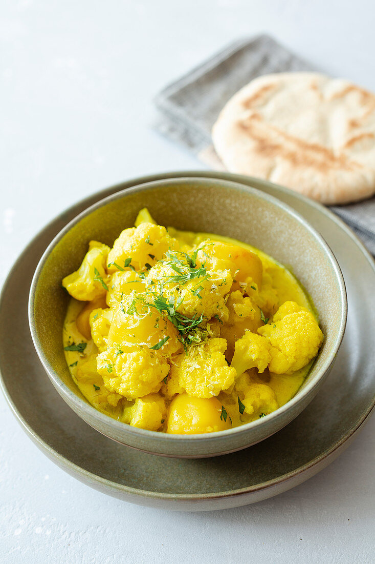 Kartoffel-Blumenkohl-Curry mit Naan-Brot