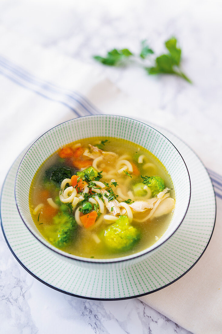 Chicken soup with pasta and vegetables