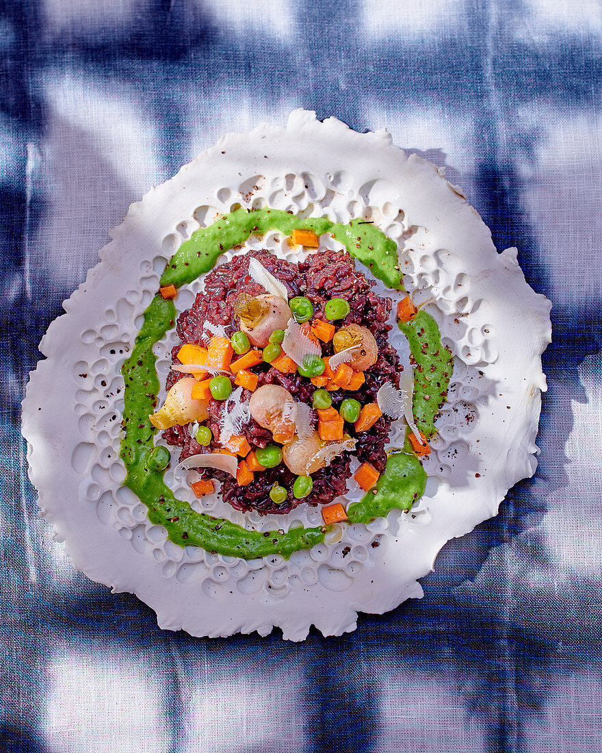Risotto with black rice, vegetables and basil sauce