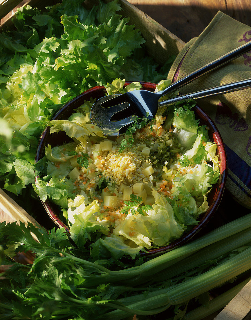 Grüner Salat mit Ei und Käse