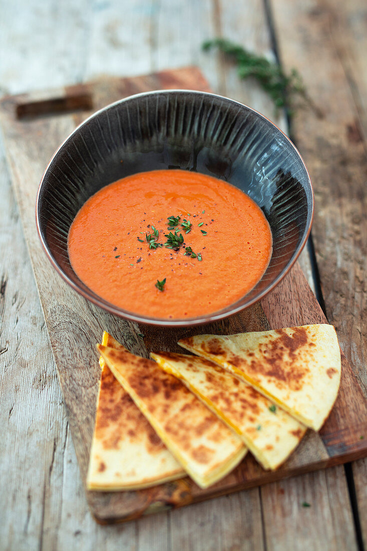 Tomato soup with quesadilla