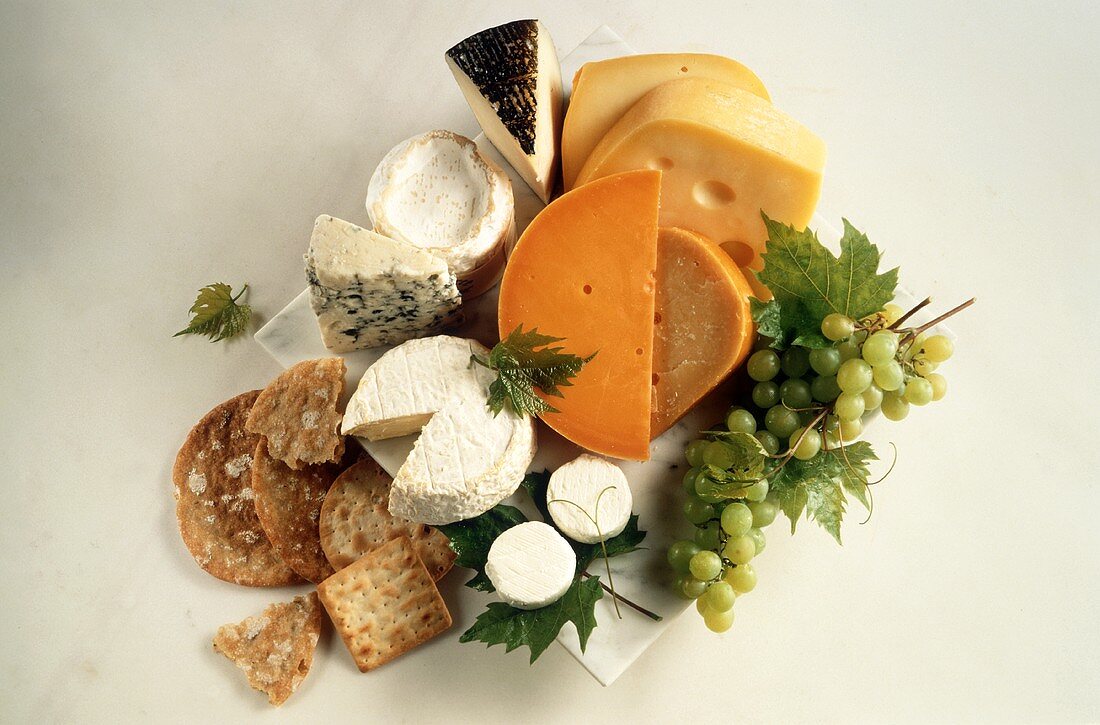 Still life with various types of cheese, bread & grapes