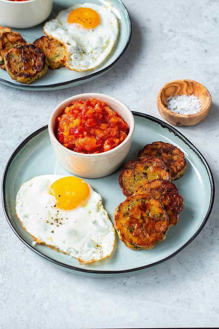 Gebratene Semmelknödel mit Peperonata und Spiegelei