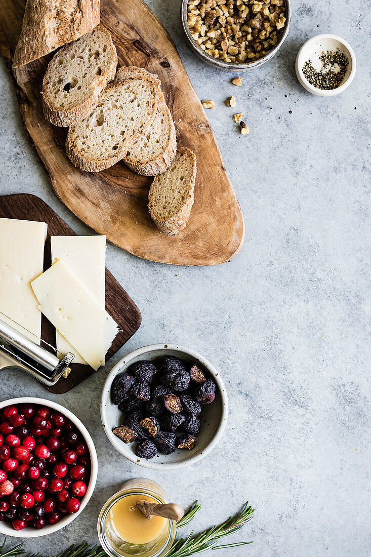 Cheese crostini with rosemary cranberry fig jam