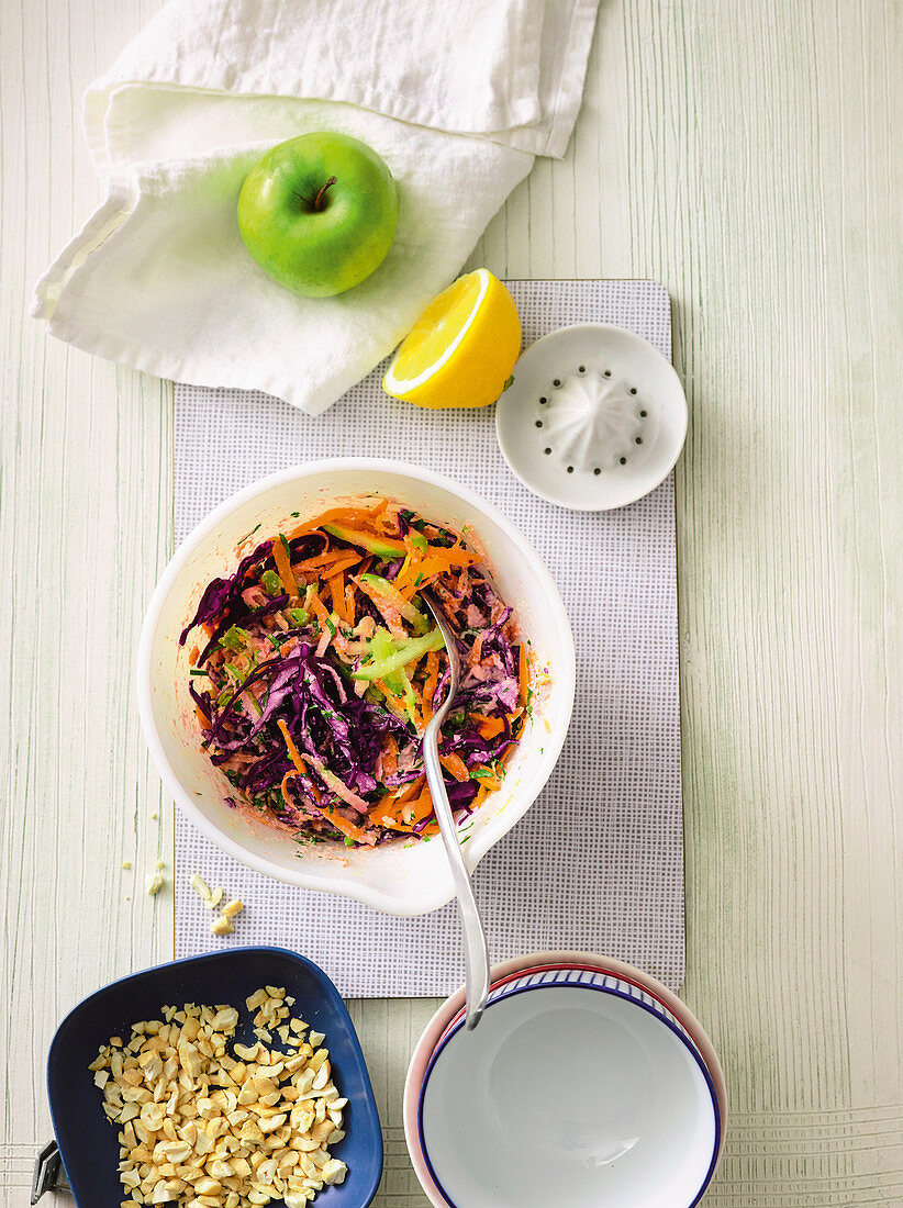 Colourful coleslaw with a vegan cashew mayonnaise