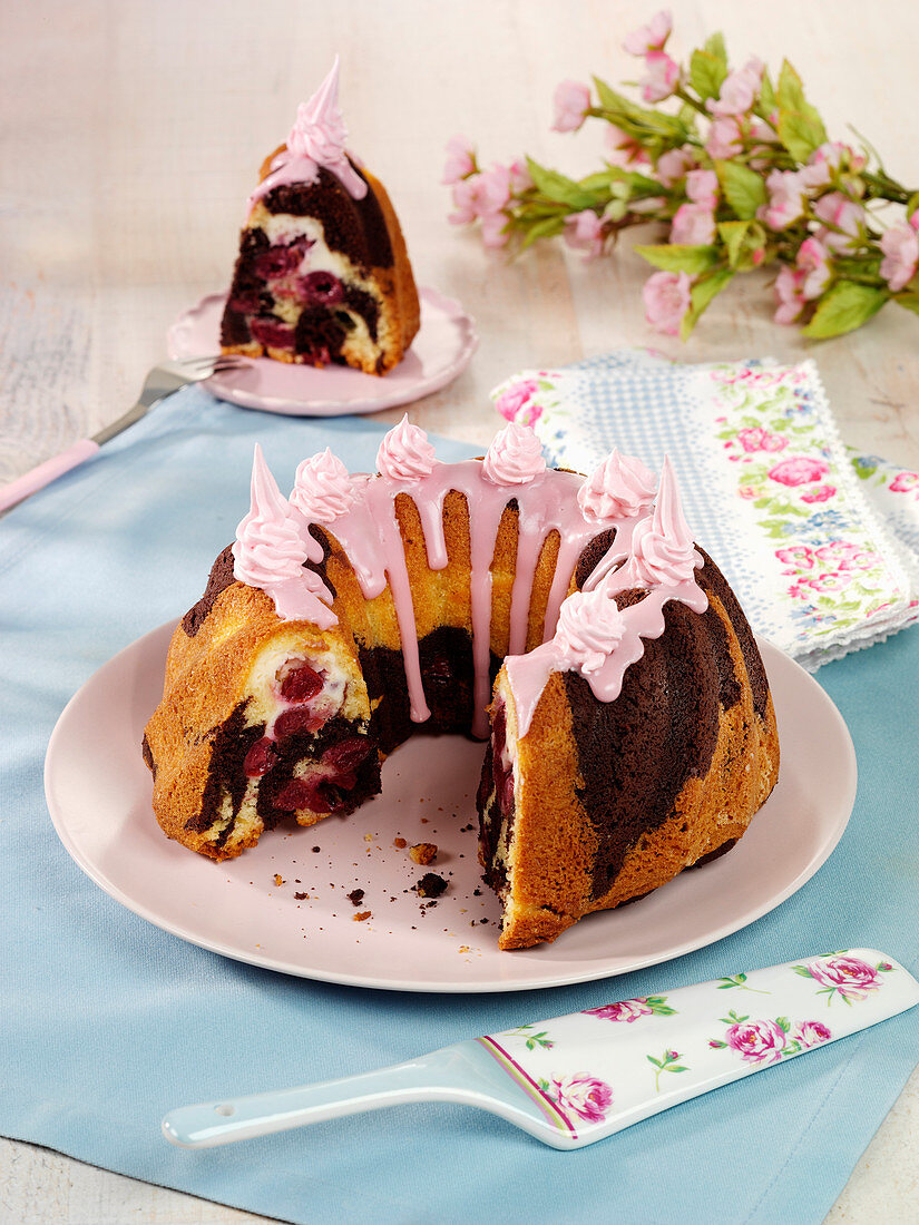 Donauwelle Bundt cake (German marble cake) with cherries