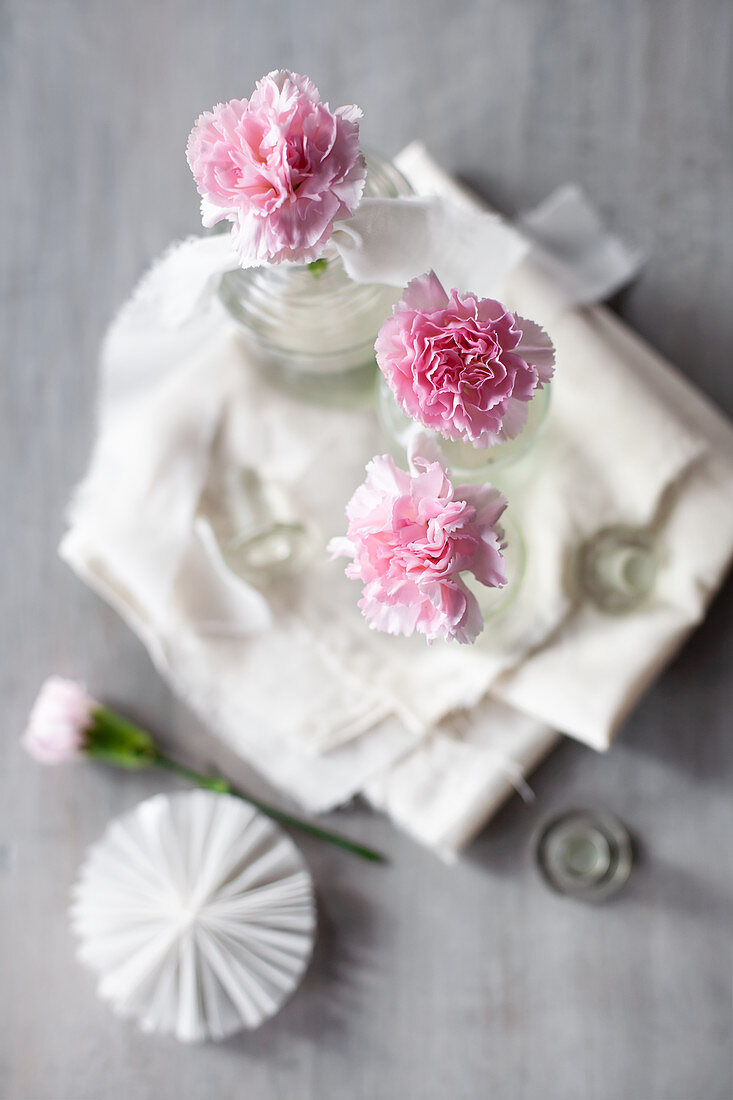 Pink carnations in glass bottles on folded fabric