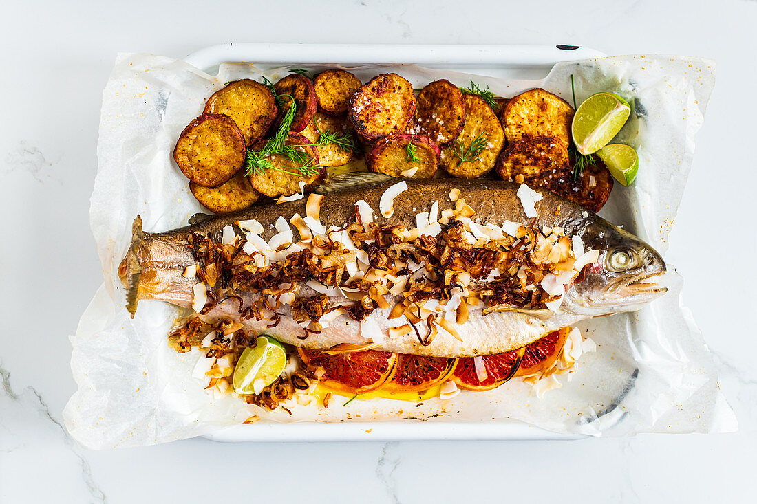 Citrus Stuffed Rainbow Trout with Coocnut and Shallot Topping