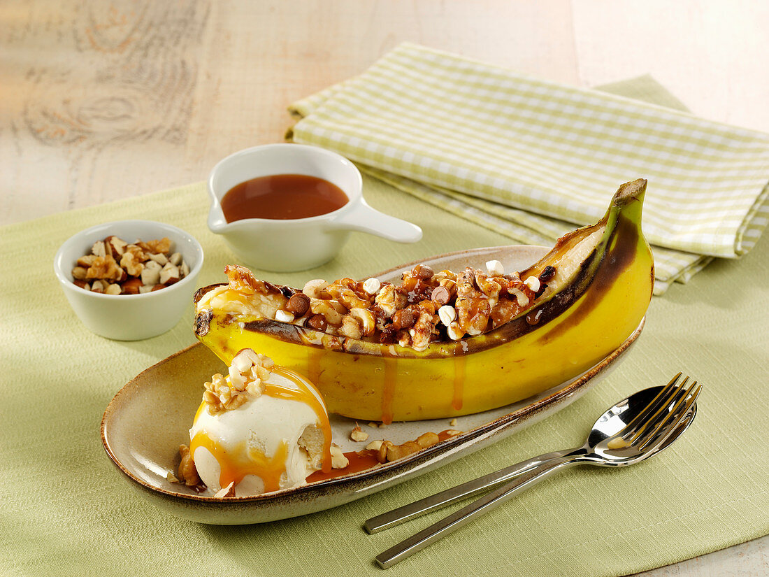 A grilled banana with marshmallows and chocolate chips