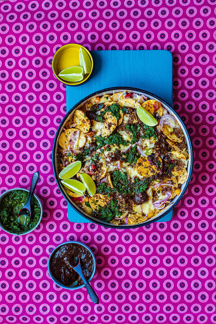 Indian Inspired Nachos with Coriander Chutney and Tamarind