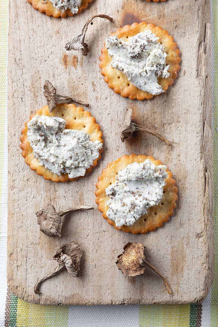 Cracker mit Stilton-Käsecreme und getrockneten Winterpfifferlingen