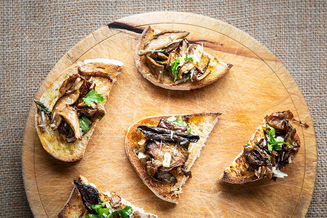 Wild mushroom bruschetta with porcini and forest ceps on toast