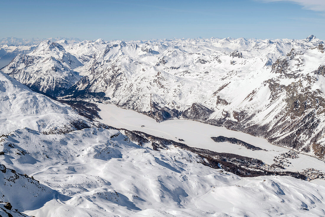 Switzerland, Engadin, Sankt Moritz: View from Corvatsch summit (3303m) to Lake Sils