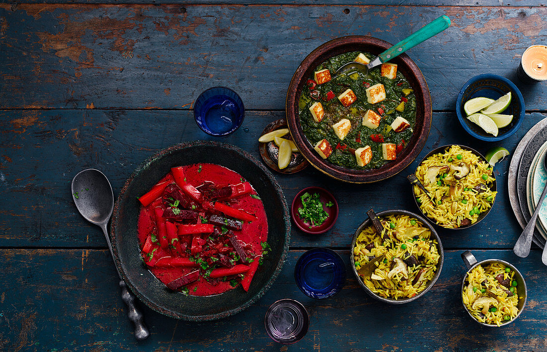 Spiced Beetroot And Carrot Curry, Saag Paneer, Rice