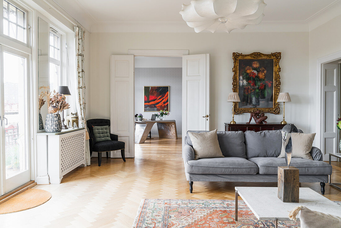 Classic living room with double doors in period building