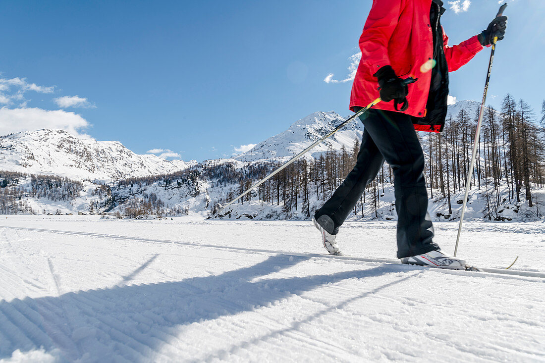 Switzerland, Engadin, cross-country skiing at Lake Sils