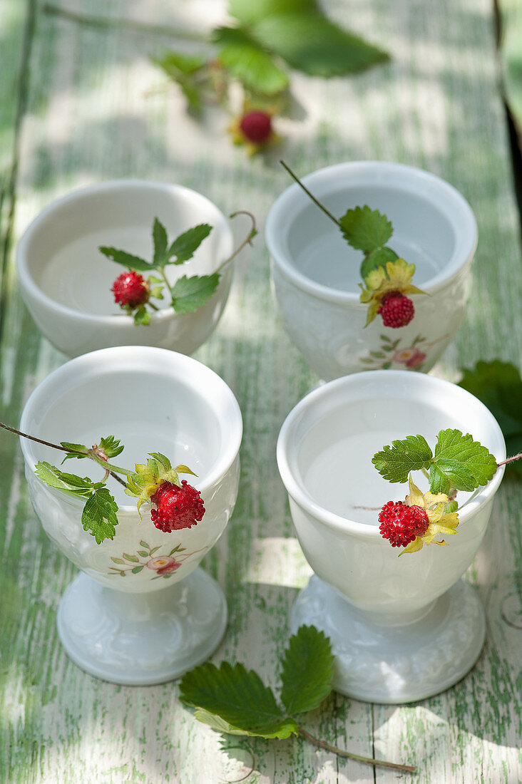 Tendrils of mock strawberry in eggcups decorating table
