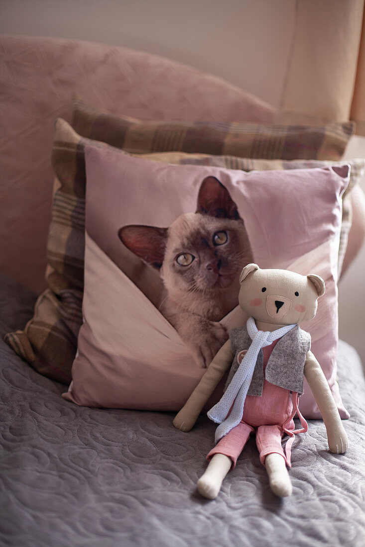 Handgefertigter Teddybär, dahinter Dekokissen mit Katzenmotiv auf Bett