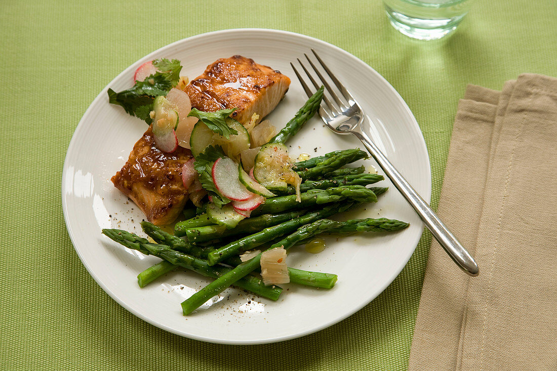 Miso salmon with kimchi and green asparagus
