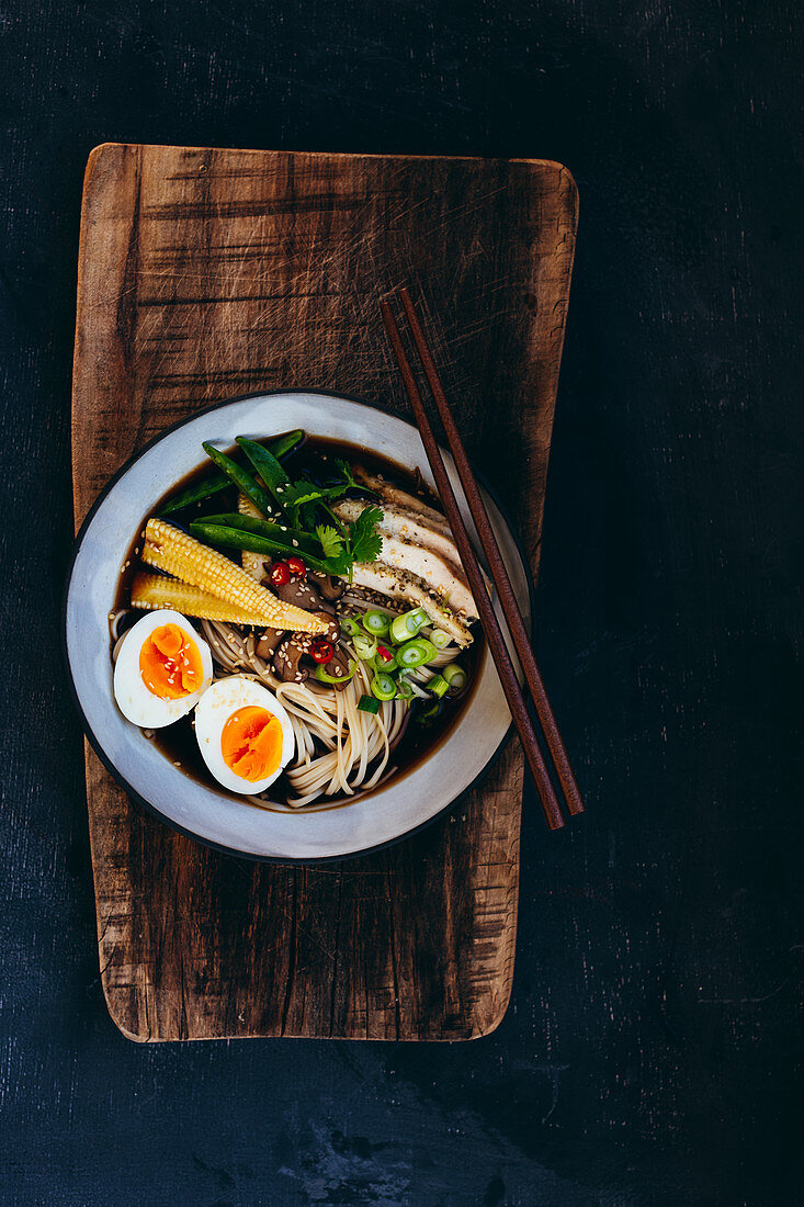 Chicken ramen with vegetable and eggs