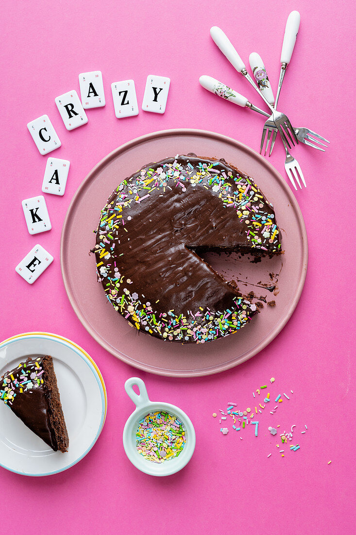 Crazy cake (chocolate cake with colourful sprinkles)
