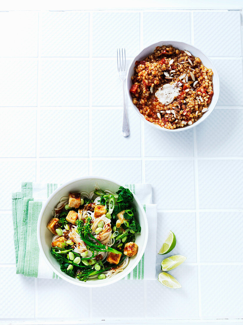 Risotto and Stirfry (broccoli, edamame beans, rice noodles and tofu)