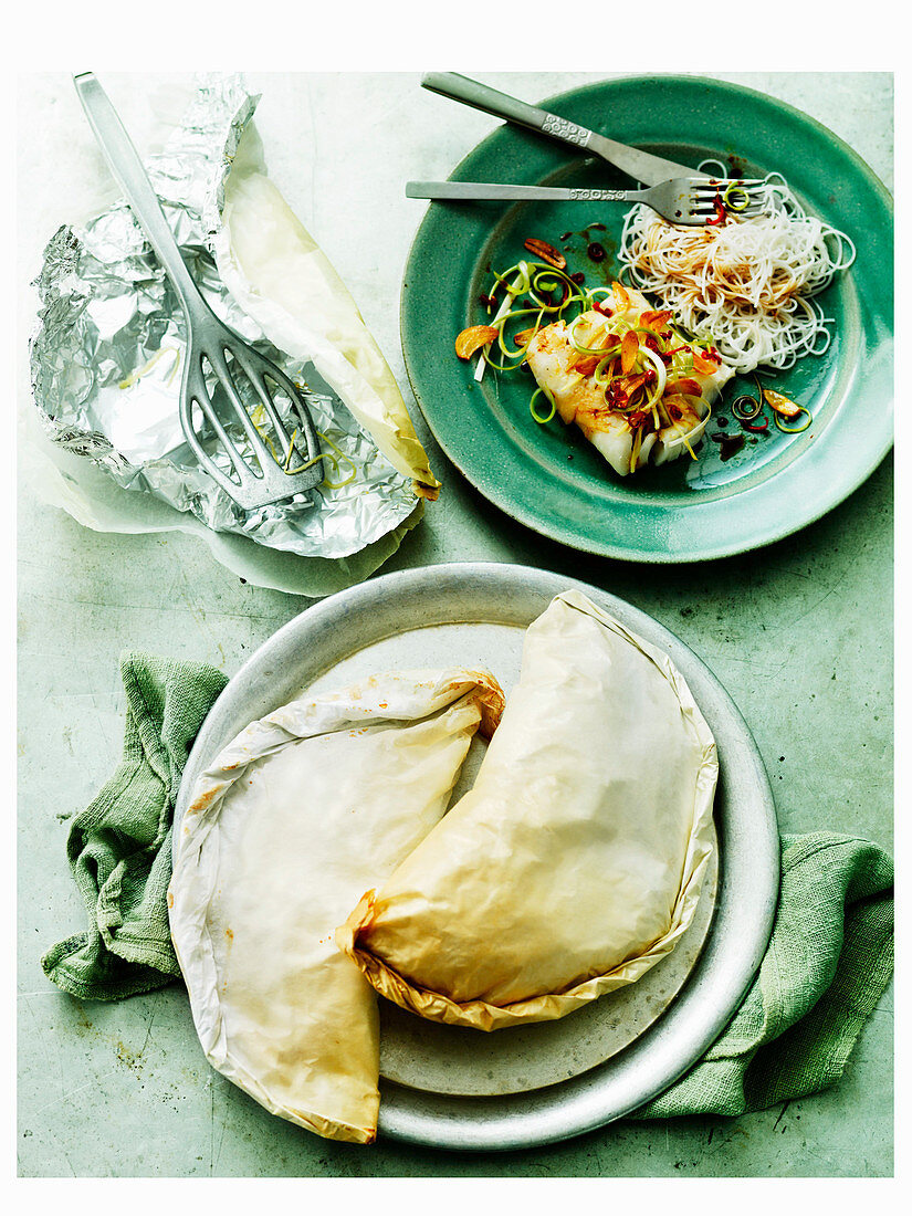 Steamed cod with spring onion, chilli and rice noodles