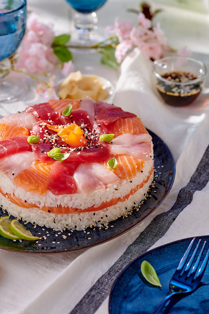 Sushi-Kuchen mit Thunfisch und Lachs