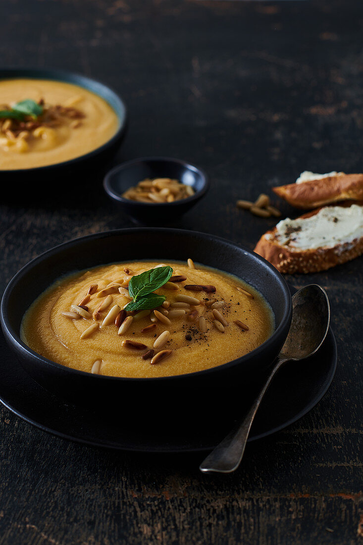 Sweet potato soup, with pine nuts