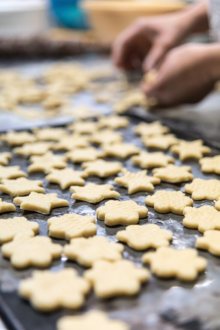 Unbaked shortbread flowers on a baking sheet