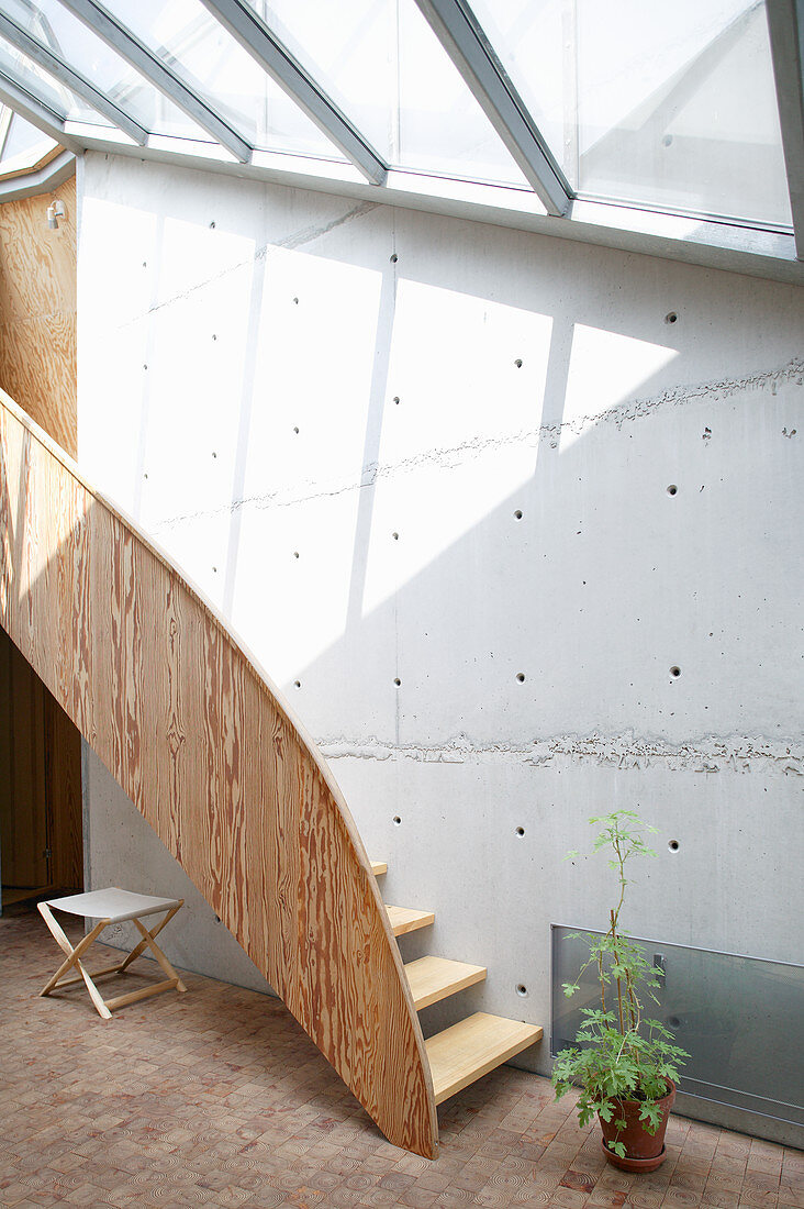 Wooden staircase next to concrete wall in architect-designed house