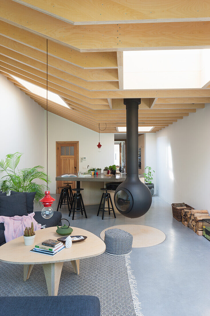 Modern living room in Scandinavian design, hanging fireplace and wooden ceiling