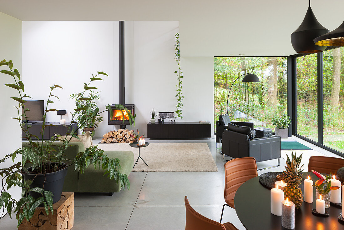 Dining table in modern, open-plan interior with glass wall