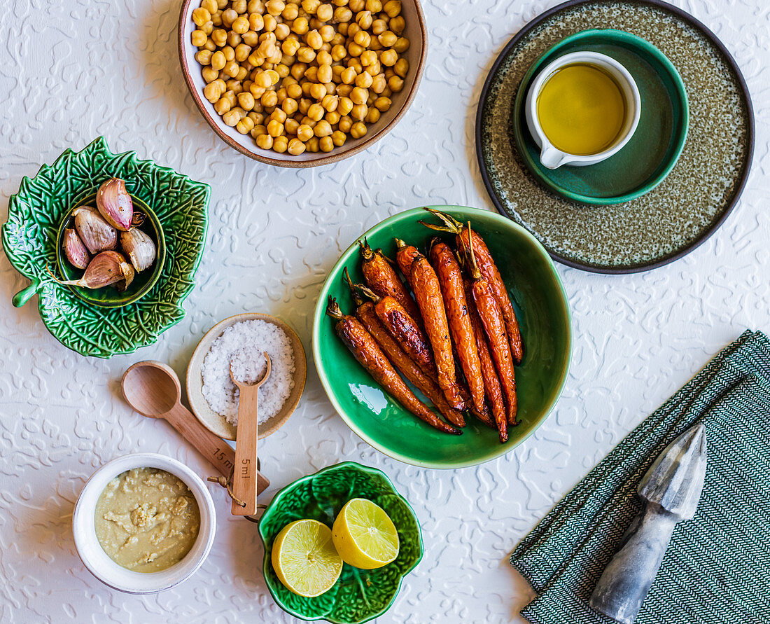 Ingredients for roasted carrot hummus