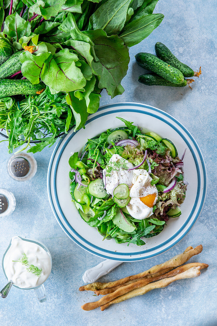 Green salad with poached egg