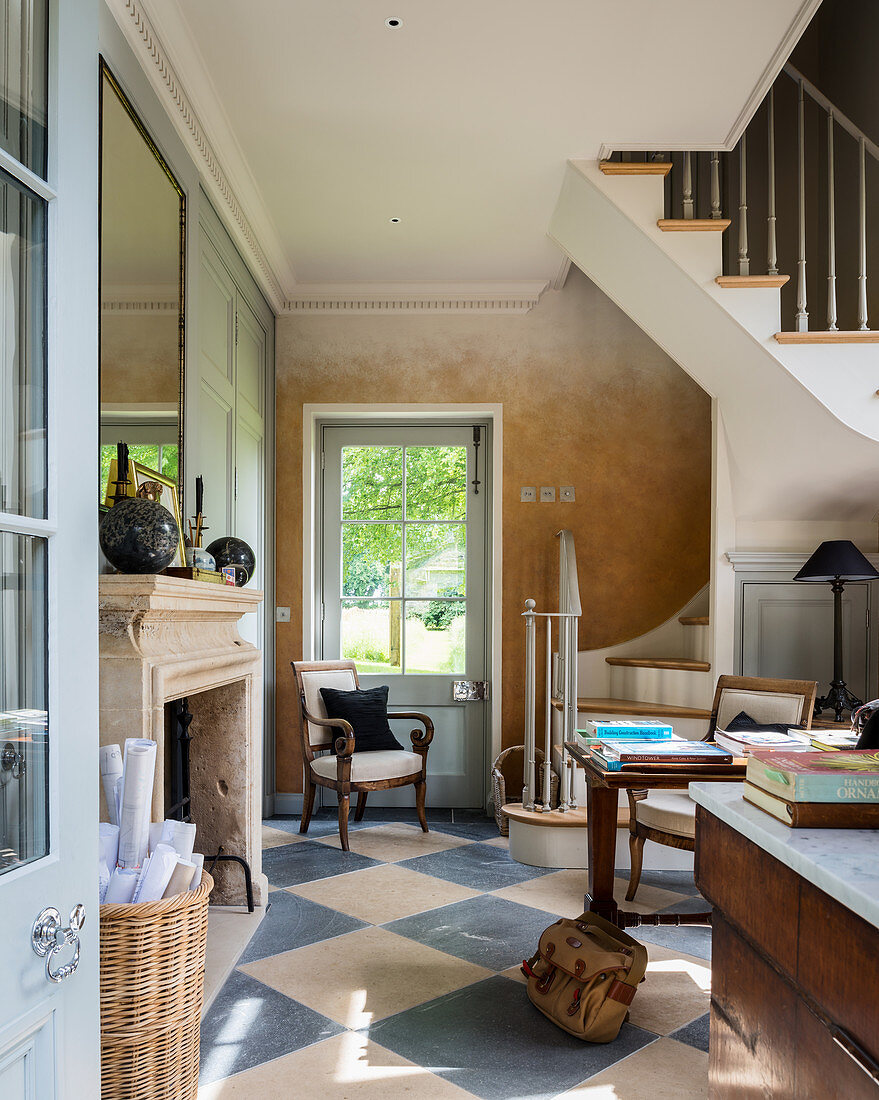 Classic living room with chequered floor in period building