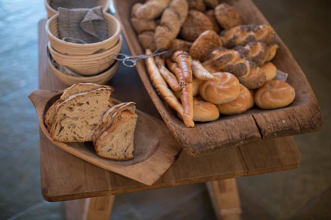 A selection of bread on a breakfast buffet
