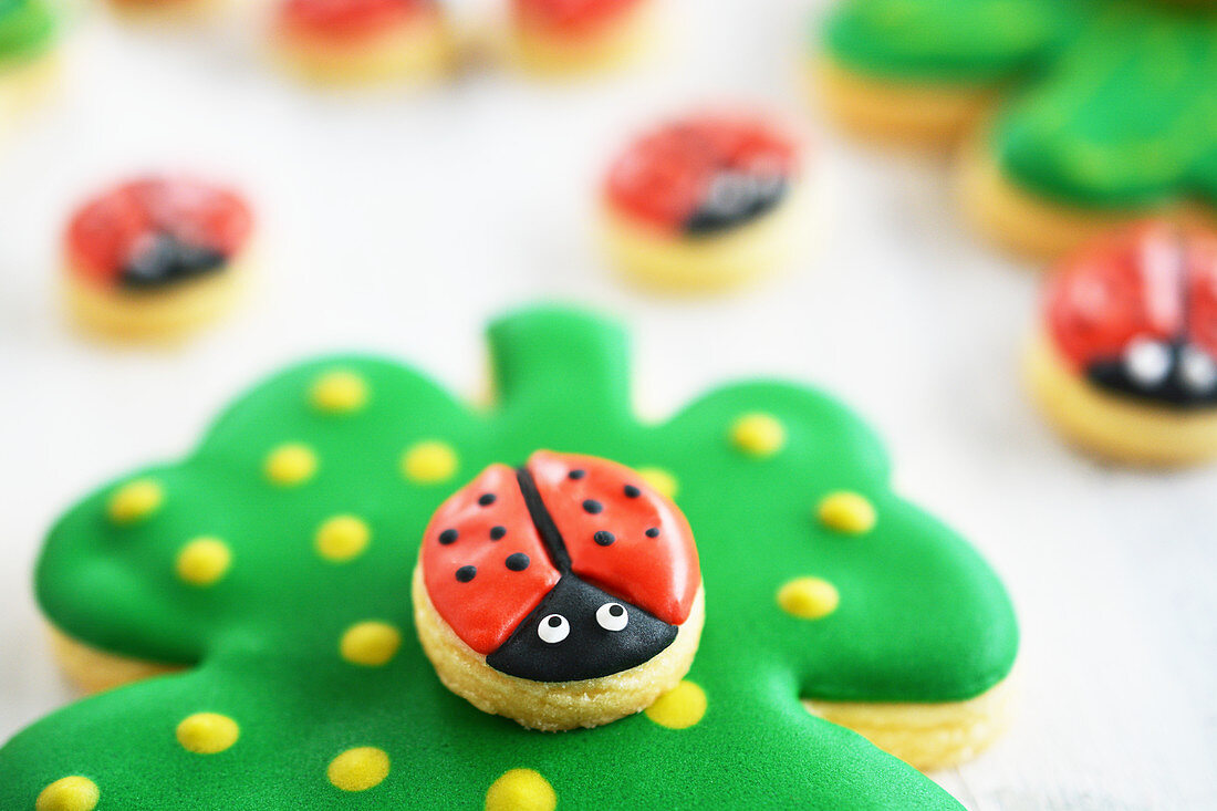Ladybirds on lucky clover biscuits